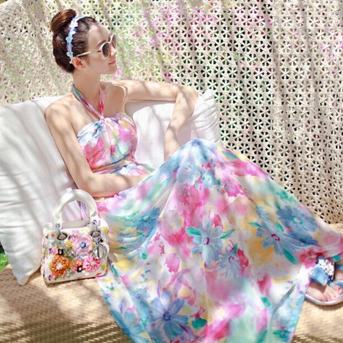 𝐑𝐄𝐀𝐃𝐘 𝐒𝐓𝐎𝐂𝐊 𝐒𝐀𝐅 - RAINBOW halter neck midi dress woman premium / korean summer dress / beachwear bal