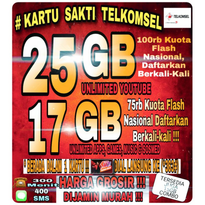 KARTU SAKTI TELKOMSEL COMBO 17GB|25GB Full Unlimited Apps ...