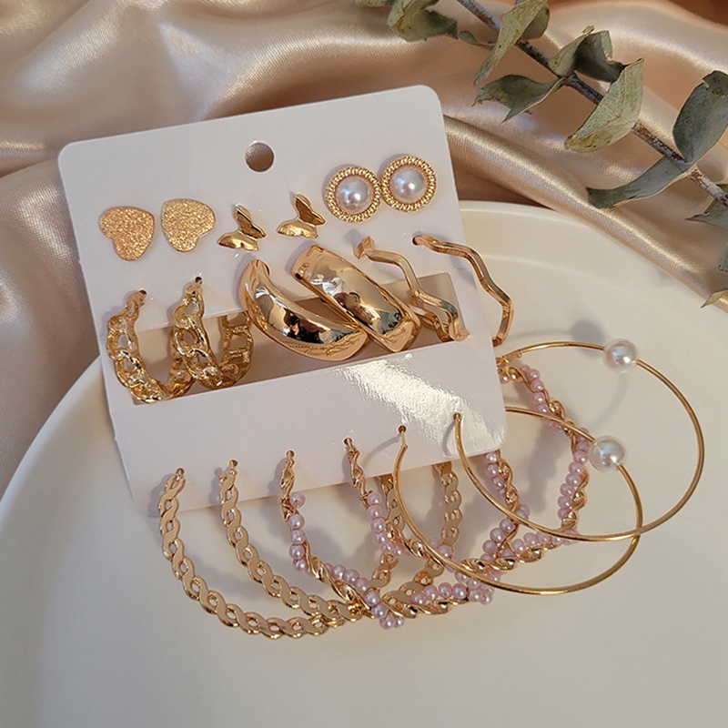 Fancyqube 9 Pasang / Set Anting Stud Desain Bunga Kristal Mutiara Rumbai Oversized Gaya Vintage