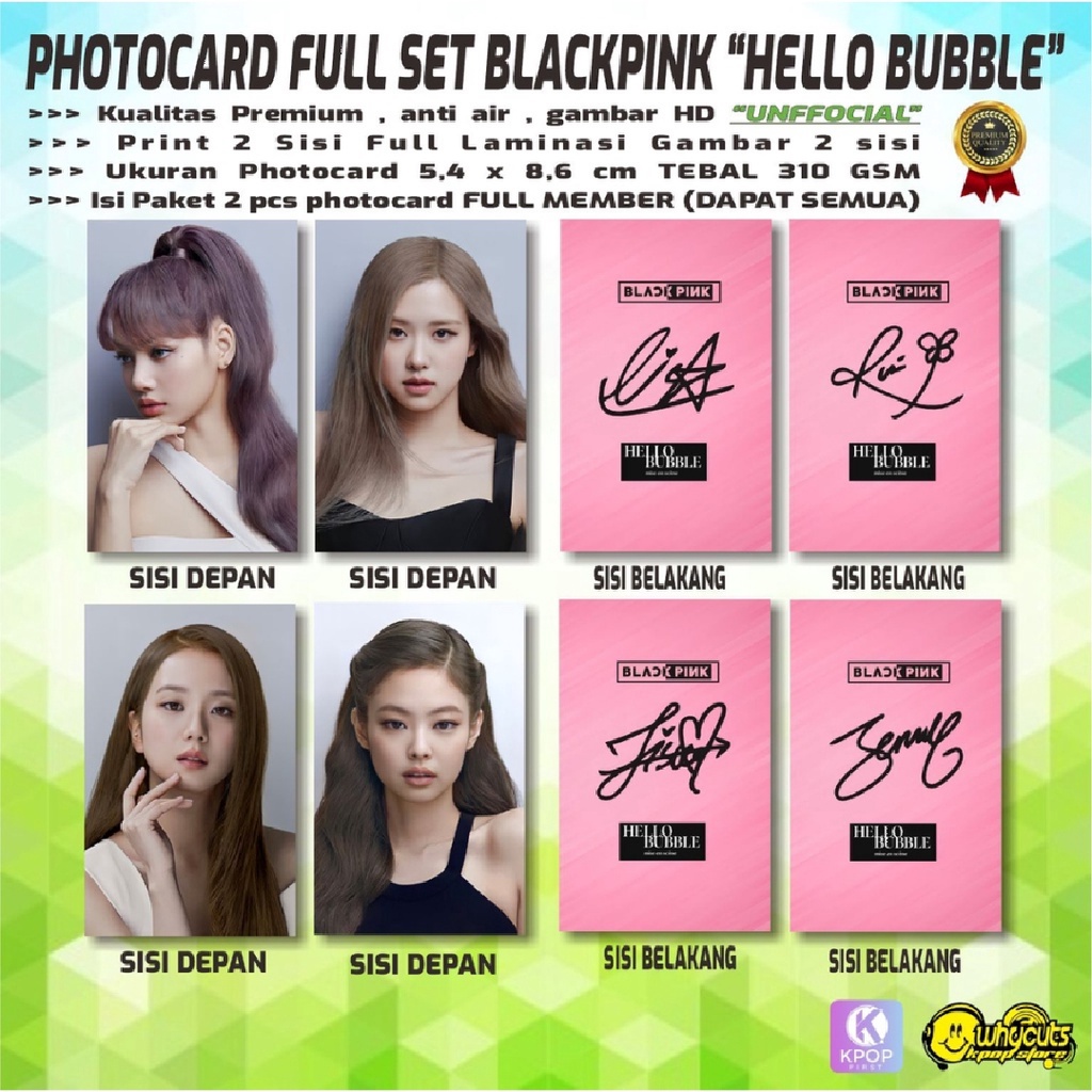 PHOTOCARD SET KPOP PREMIUM BLACKPINK &quot;HELLO BUBBLE&quot; PRINT 2 SISI FULL LAMINASI