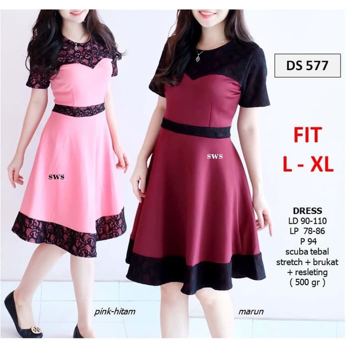 SEDS577 DRESS PESTA FLARE LACE BRUKAT HITAM BODYCON SEPAN MURAH GROSIR - merah merah