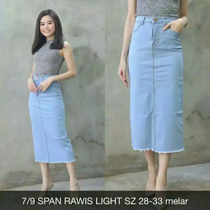 Rok Jeans Wanita Span 7/9 Denim Rawis Stretch Cewek Panjang-2