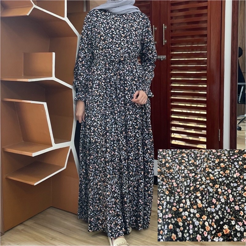 [SIZE STANDAR VOL 1] Floral dress maxi dress panjang gaun casual bunga wanita-Charcoal 3 ruffle