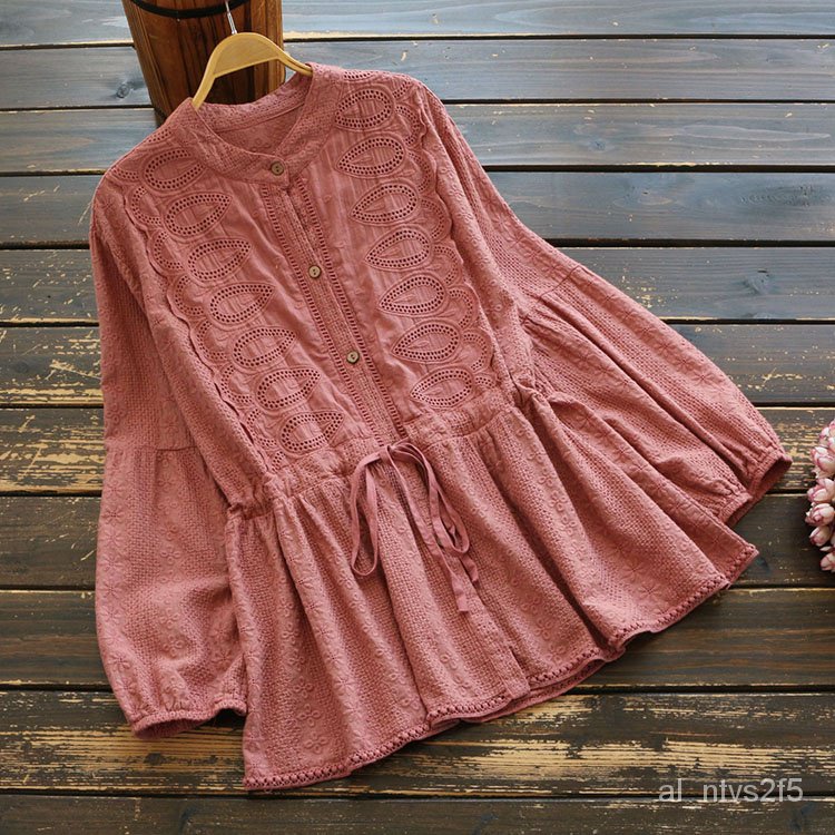 Kemeja Blus Renda Berongga Lengan Panjang Wanita Vintage UwZq