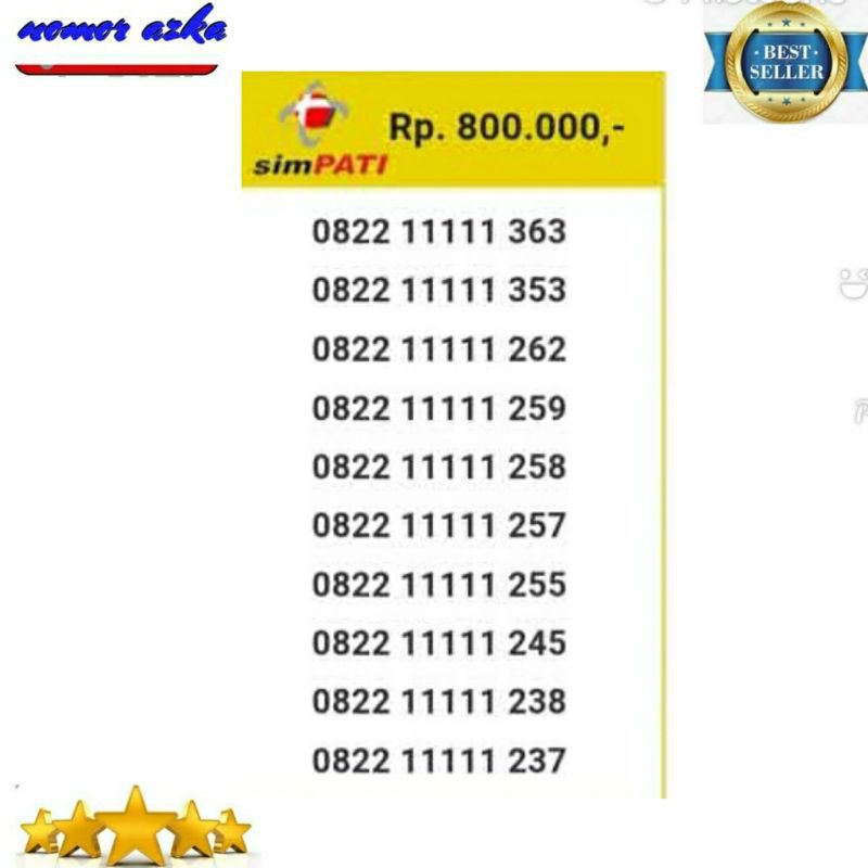 Nomor cantik simpati 0822 11111 363 seri Panca 11111 rapi Bsm03
