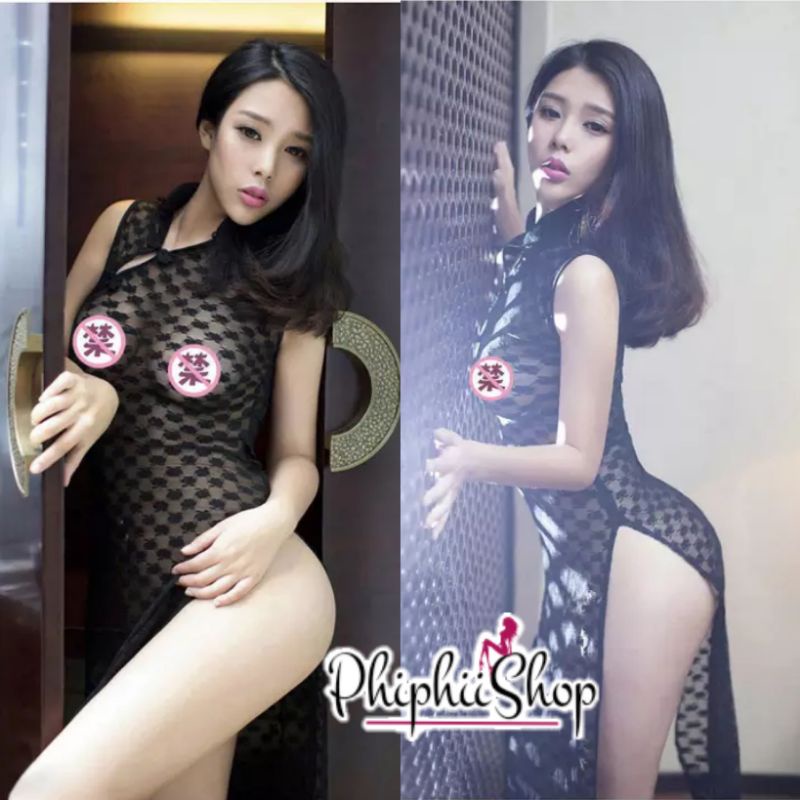 Cheongsam Qipao Sexy Dress Panjang Cosplay Lingerie Kostum Transparan Hitam