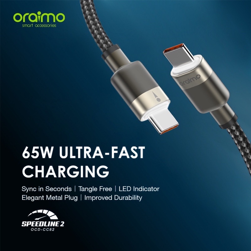 Oraimo OCD-CC82 Speedline Kabel Data Type-C - Type-C 65W Fast Charging - Garansi 1 Tahun