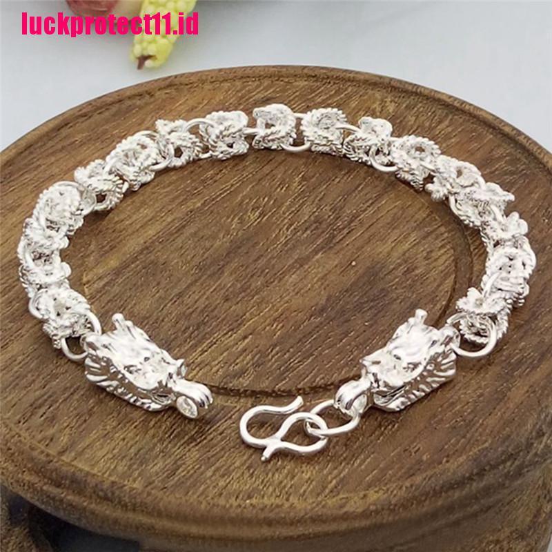 (LUCK) Gelang Tangan Rantai Lapis Silver Aksen Naga Untuk Pria