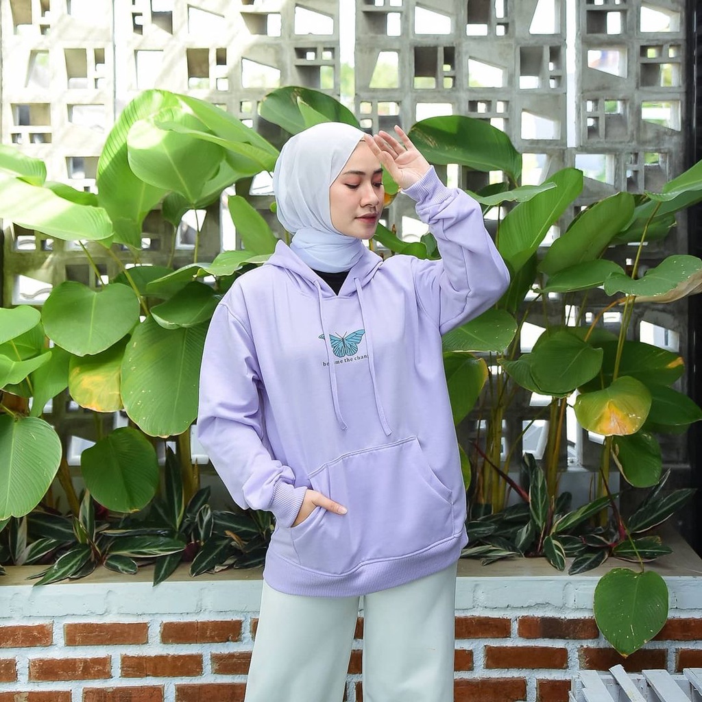 BARU PILIHAN SWEATER HOODIE WANITA LILAC BAHAN FLEECE TEBAL-Butterfly Lilac