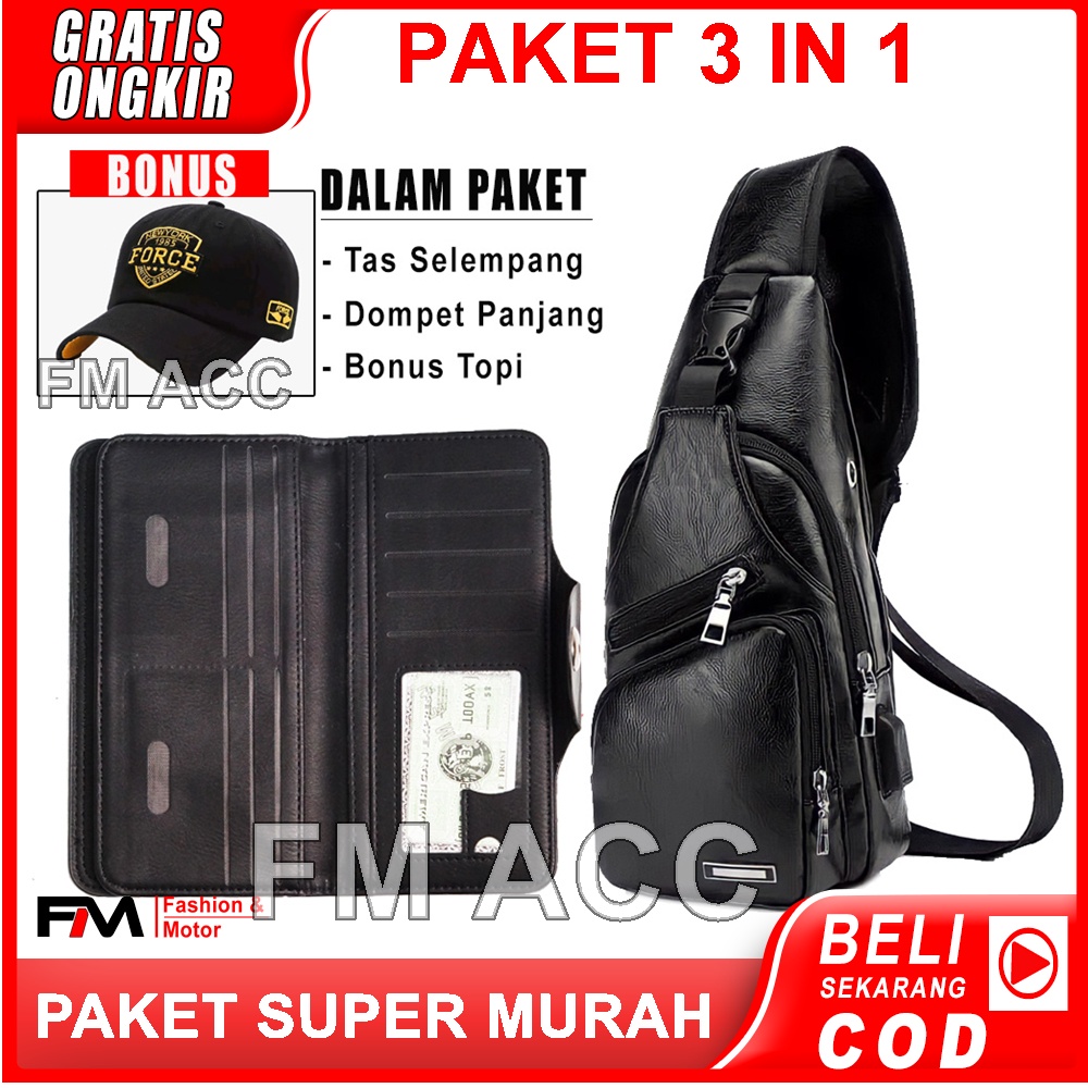 PAKET 3 IN 1-Tas Waistbag Tas Selempang Pria+Dompet Panjang Kulit Pria+Topi Baseball/Snapback