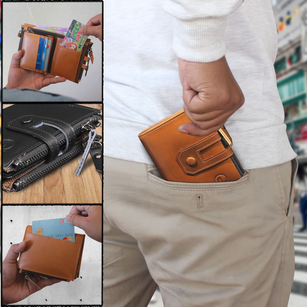 DOMPET KULIT LIPAT FUNGSIONAL 13 SLOT KARTU DESAIN MEWAH JAHITAN RAPI KANCING EKSKLUSIF BAHAN KULIT SAPI KUALITAS PREMIUM PRODUK QI LEATHER ORIGINAL