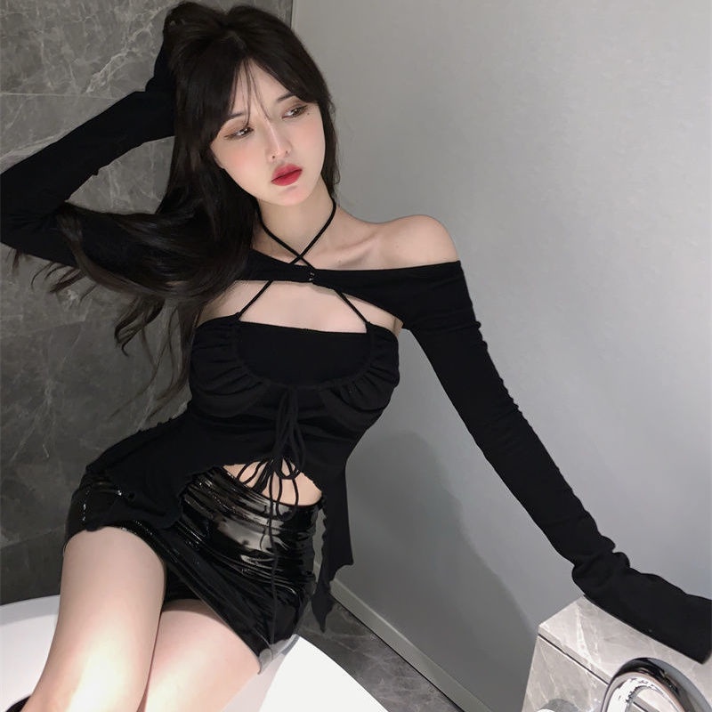 t-shirt impor pakaian wanita gaya kecil off-the-shoulder lengan panjang korset pendek suspender keci