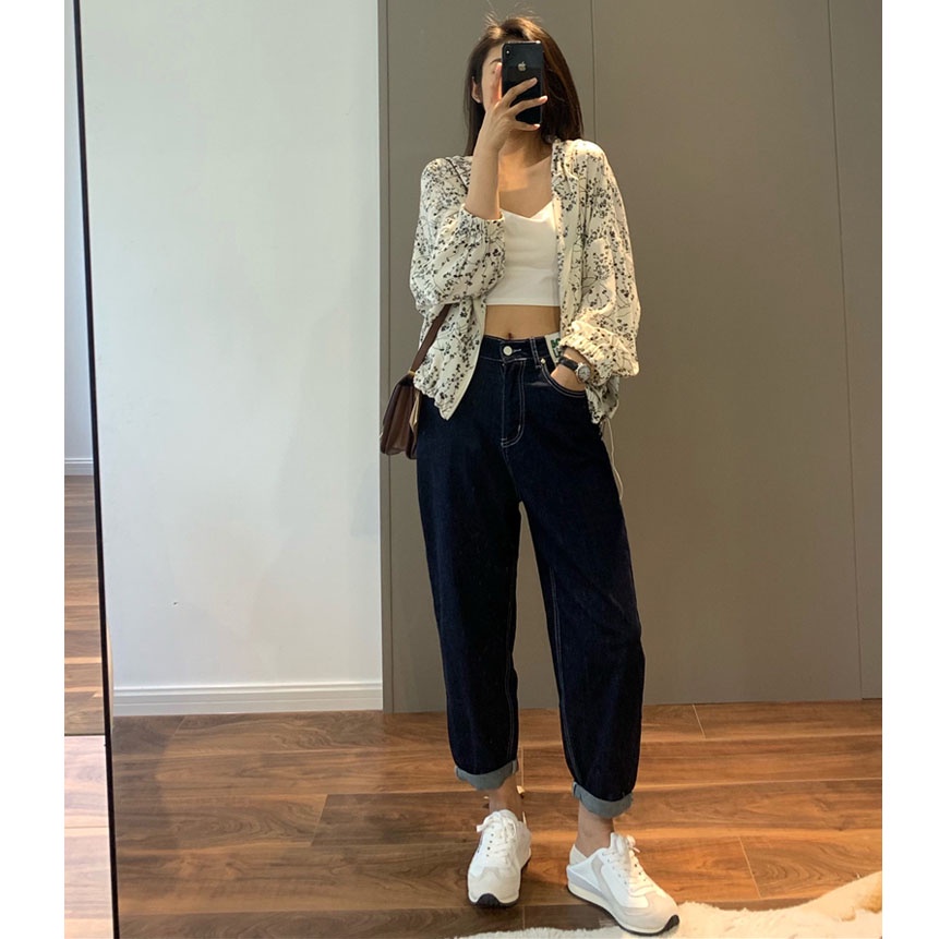 【 Penawaran Istimewa 】New Import Celana Panjang Boyfriend Jeans Wanita Highwaist Biru gelap