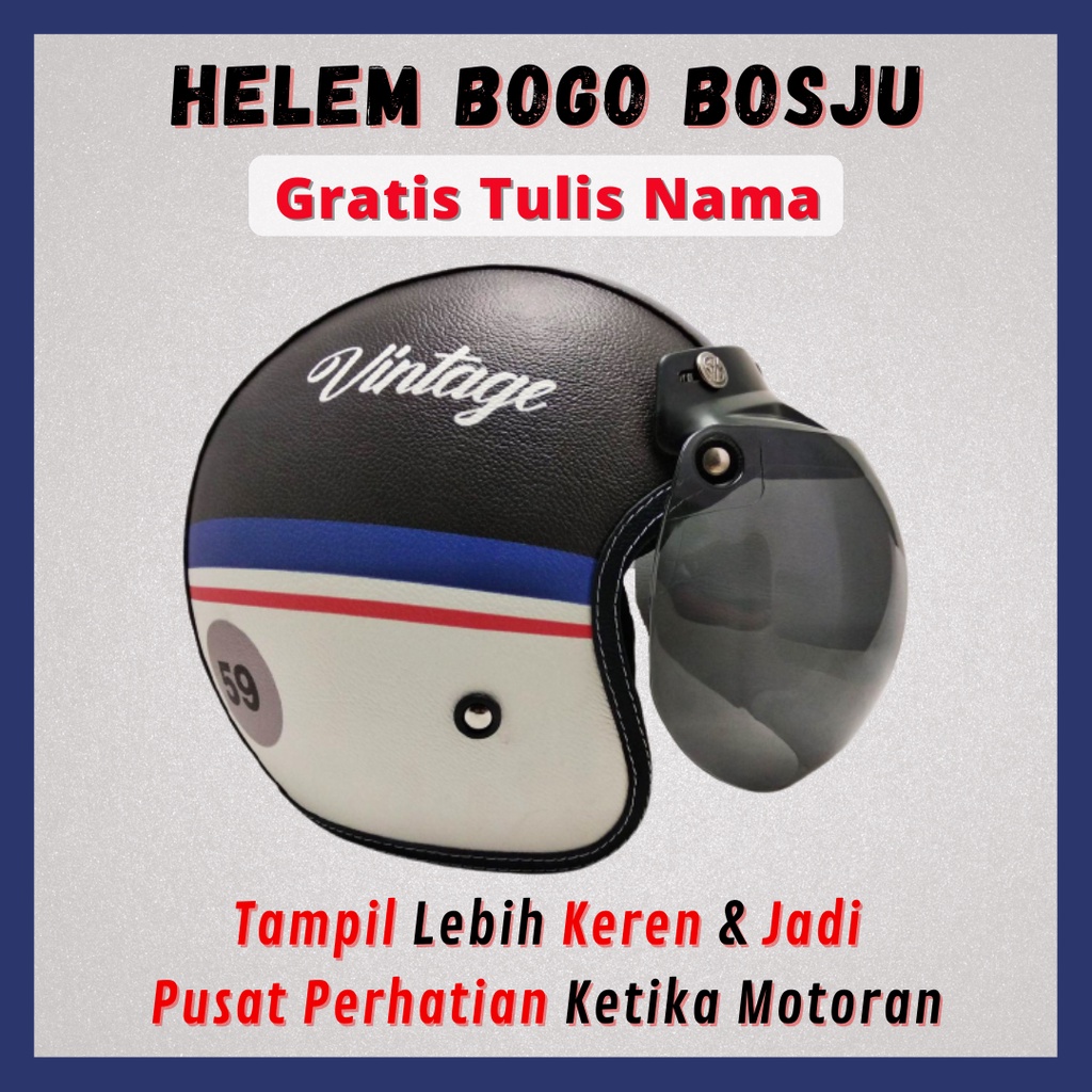 HELM BOGO RETRO KULIT WANITA DEWASA KACA DATAR CLASSIC WARNA HITAM PUTIH CUSTOM - HELEM BOGO BOSJU