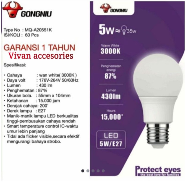 Goneo Lampu LED GONGNIU Bohlam 5watt 3000K,lumen430lm E27 kuning Garansi