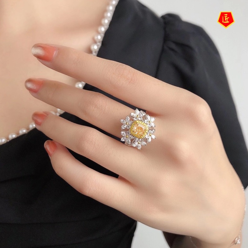 [Ready Stock]Light Luxury Yellow Diamond Flower Ring