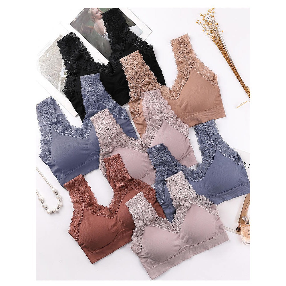 MOO BAR025(COD) Bra Wanita V-Neck Aksen Hem Lace BEST SELLER impor dengan busa yang tebal