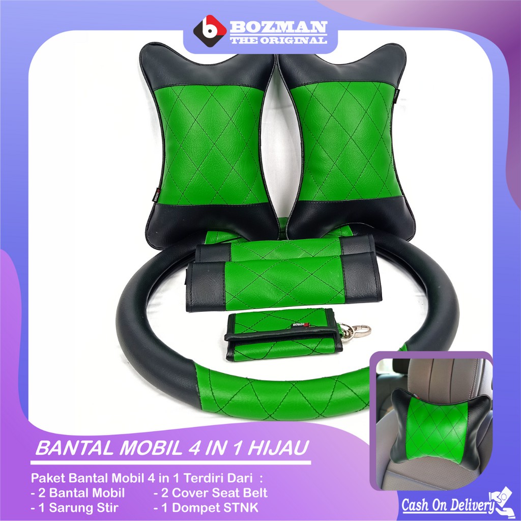 Set Bantal Mobil 4 in 1 Bantal Mobil Seatbelt Sarung Stir Dompet STNK Premium