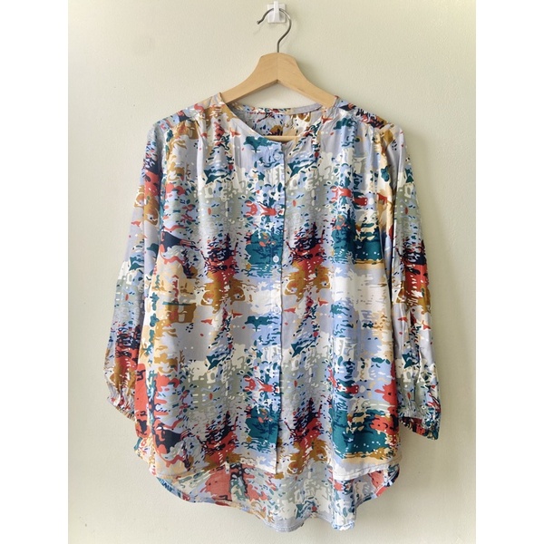 Blouse Wanita Motif Bunga Lengan Panjang Kerut Kancing Depan-Variasi 12