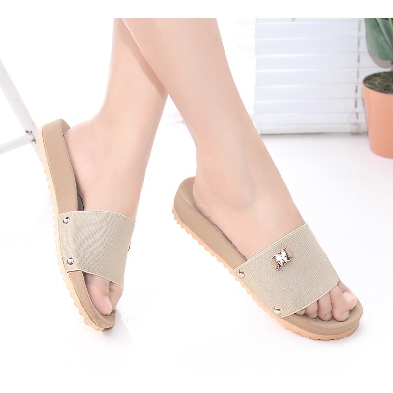SANDAL SLOP WANITA FLAT TEPLEK TERBARU KEKINIAN SENDAL SELOP PEREMPUAN SLIP CEWEK SLIDE IBU PESTA KONDANGAN TAVANO JL-63-Cream