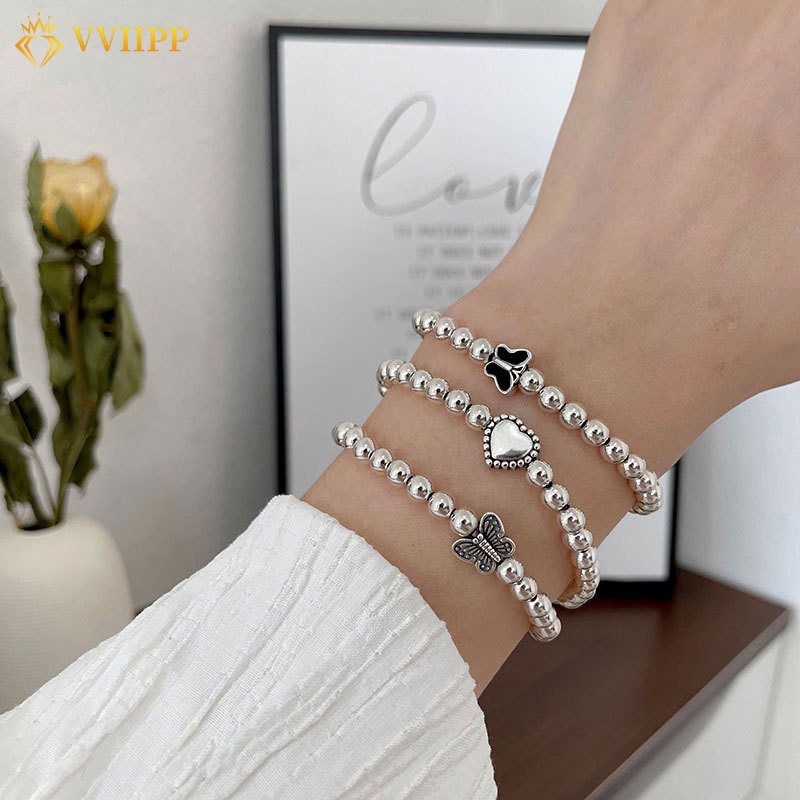 3pcs / Set Gelang Rantai Manik-Manik Model Butterfly Heart Warna Silver Gaya Korea Untuk Wanita