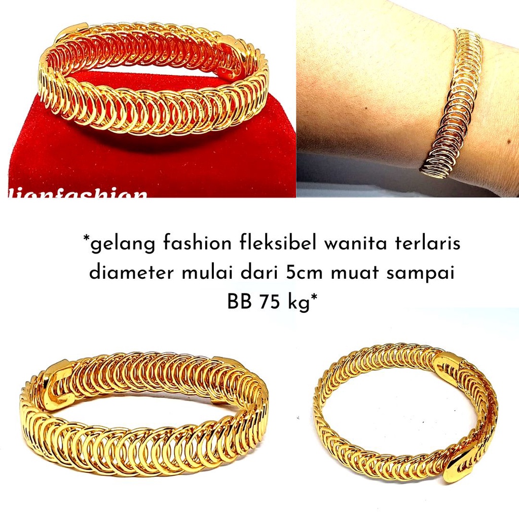 GELANG CUFF WANITA TERLARIS,UKURAN FLEKSIBEL DIMULAI DARI ANAK 8 TAHUN SAMPAI BERAT BADAN 75 KG,WARNA EMAS DAN TAHAN LAMA