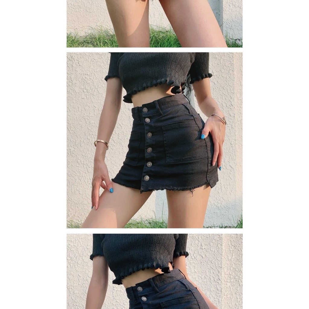 Suhao Musim Panas Di Atas Lutut Tinggi Pinggang Breasted Denim Rok Perempuan Peregangan Slim Fit Ant