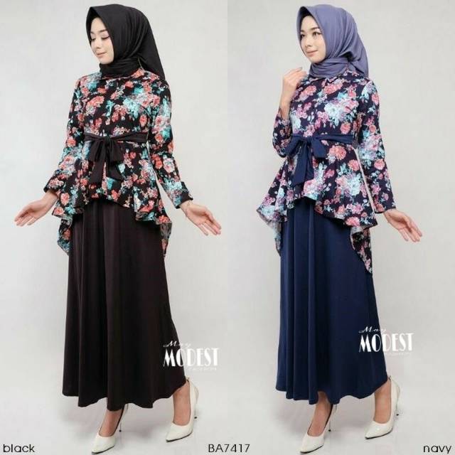 Fashion Muslim Wanita Gamis Syari Drapery Motif Bunga | Dress Muslim | Baju Muslim | Gamis Busui