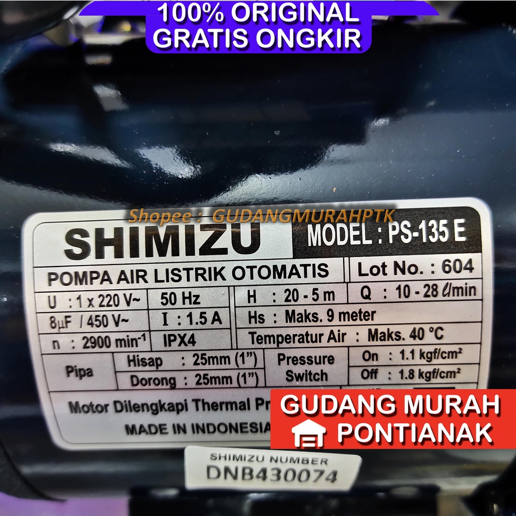 Pompa Air Shimizu PS 135 E PS135E Otomatis Tabung SNI ORIGINAL ASLI MURAH