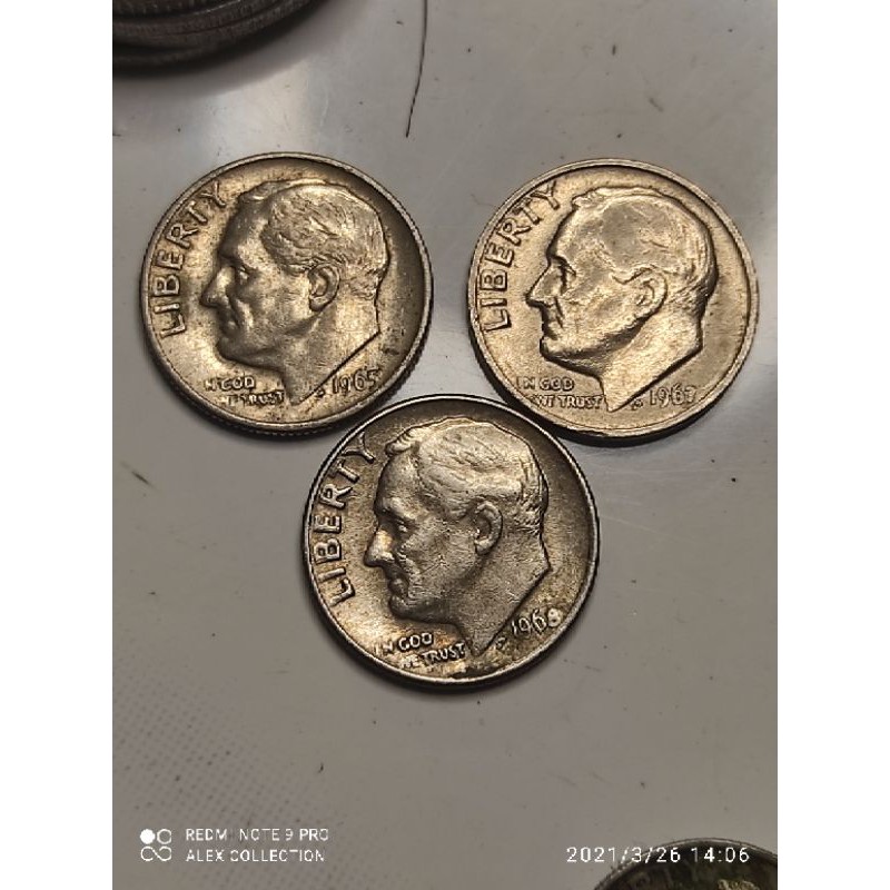 koin amerika 1 dime 1965, 1967, 1968 (3 keping)