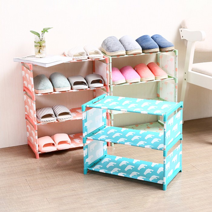 RAK SEPATU 4 TINGKAT MOTIF LUCU UKURAN 55 X 46 X 22 CM TEMPAT SEPATU BESI KUAT PELINDUNG SEPATU