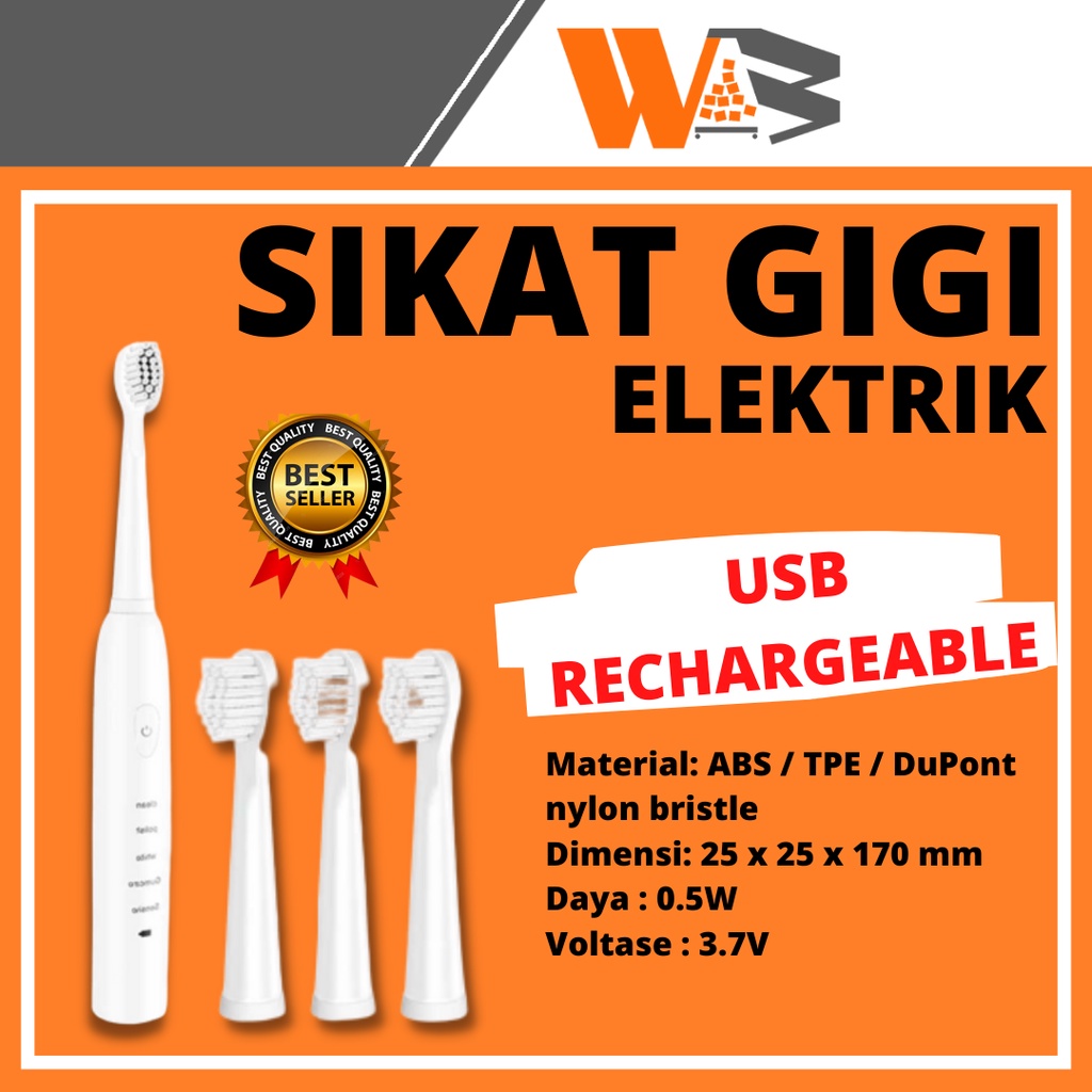 COD Sikat Gigi Elektrik USB Rechargeable 3 Replaceable Head