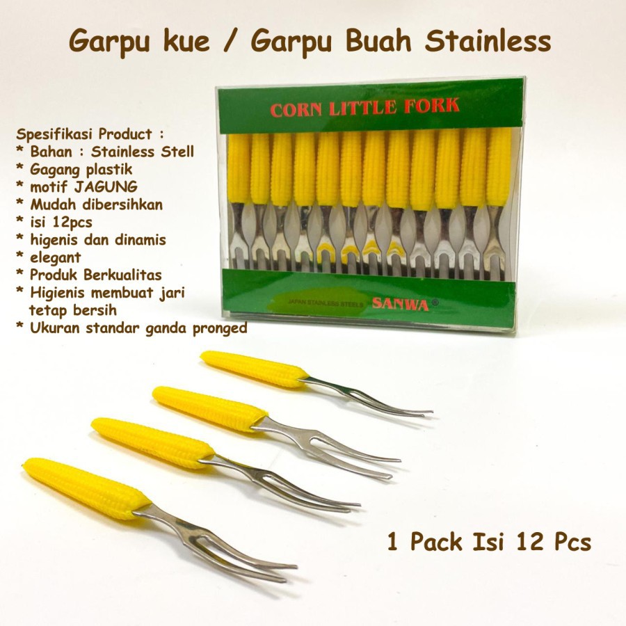 1 Pack Isi 12 Pcs Garpu Kue - Garpu Buah Stainless Gagang Plastik