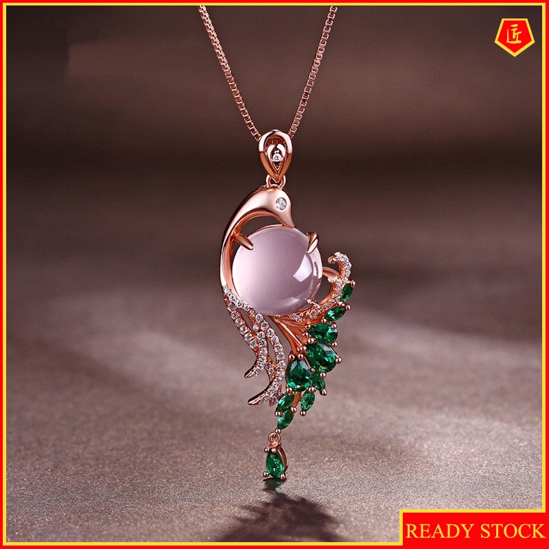 [Ready Stock]Fashion Inlaid Ross Quartz Necklace Pink Crystal Peacock Pendant