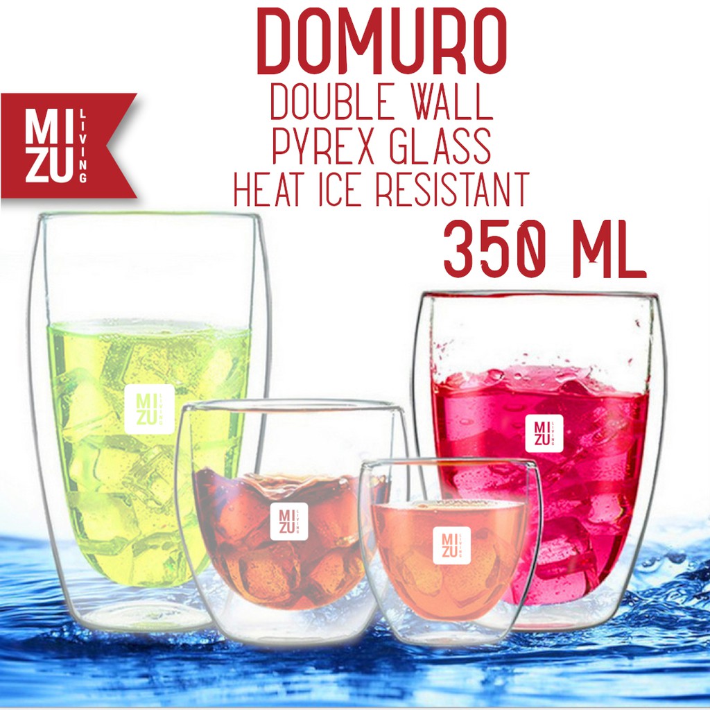 MIZU DOMURO 350ml Gelas Kaca Anti Panas + Tutup Double Wall Glass Cup + Cover Pyrex Kuat Tough