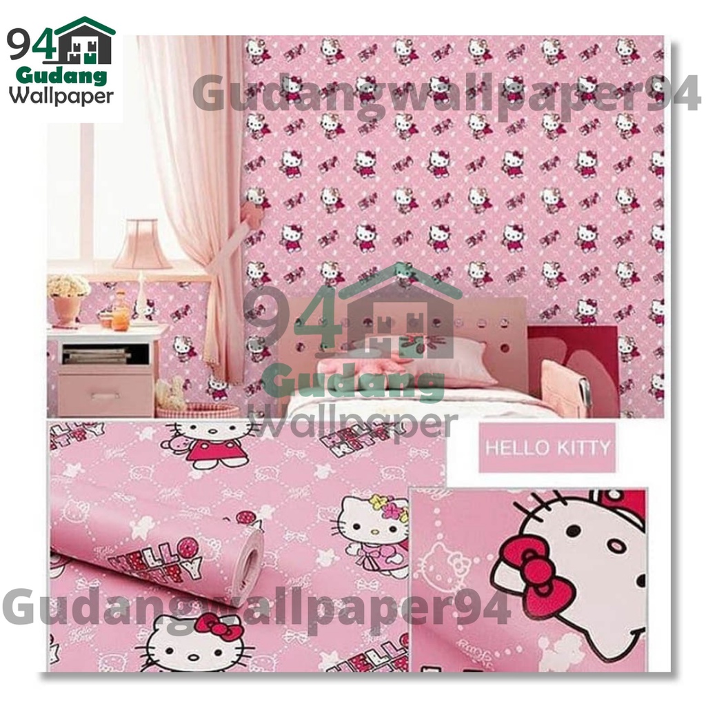 (COD) Gudang Wallpaper Sticker  Dinding kamar Anti Air Murah Dan Terbaik Motif Hello Kitty Pita Bahan PVC Premium (SUDAH ADA LEM)