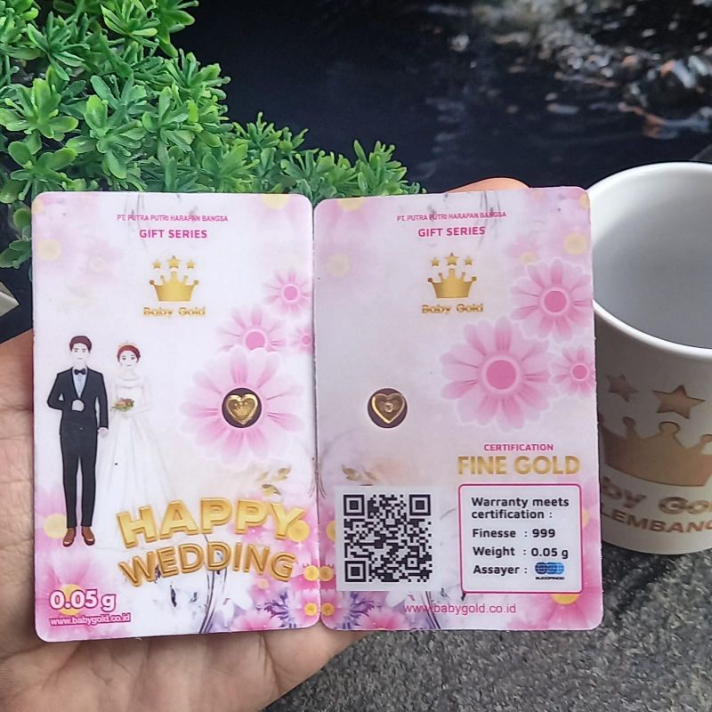 BABY GOLD Emas Mini 0.05 Gram Logam Mulia 24 Karat Original. Happy Wedding Series. Souvenir Gift Hadiah.