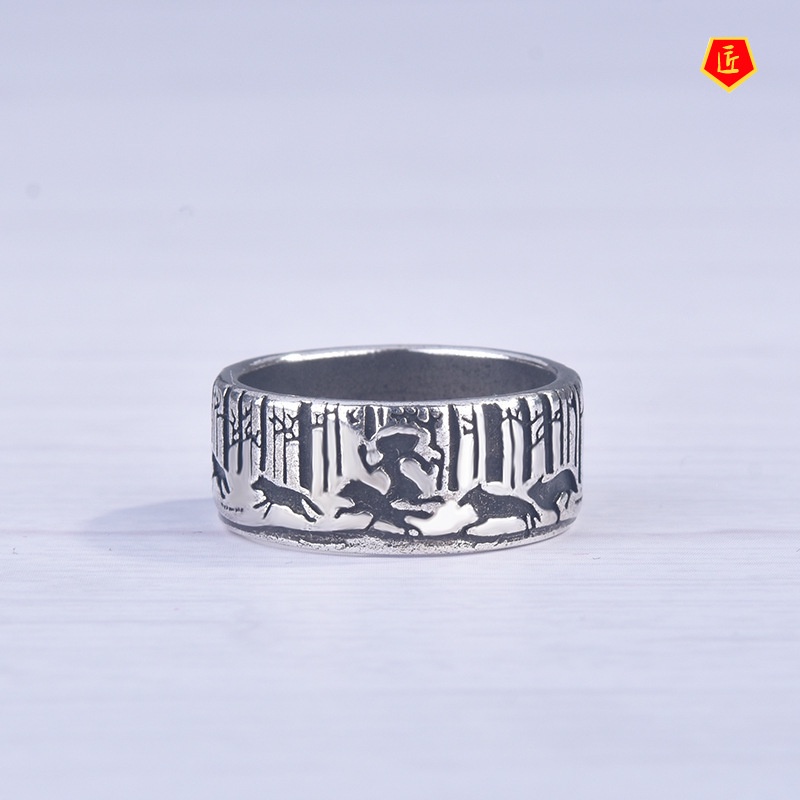 [Ready Stock]Silver Creative Carving Running Wolf Ring