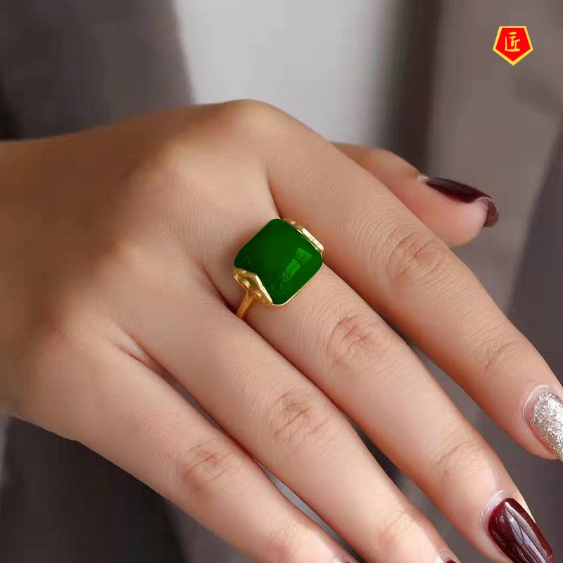 [Ready Stock]Elegant Hetian Jade Ring Women's Gold Retro Chinese Style