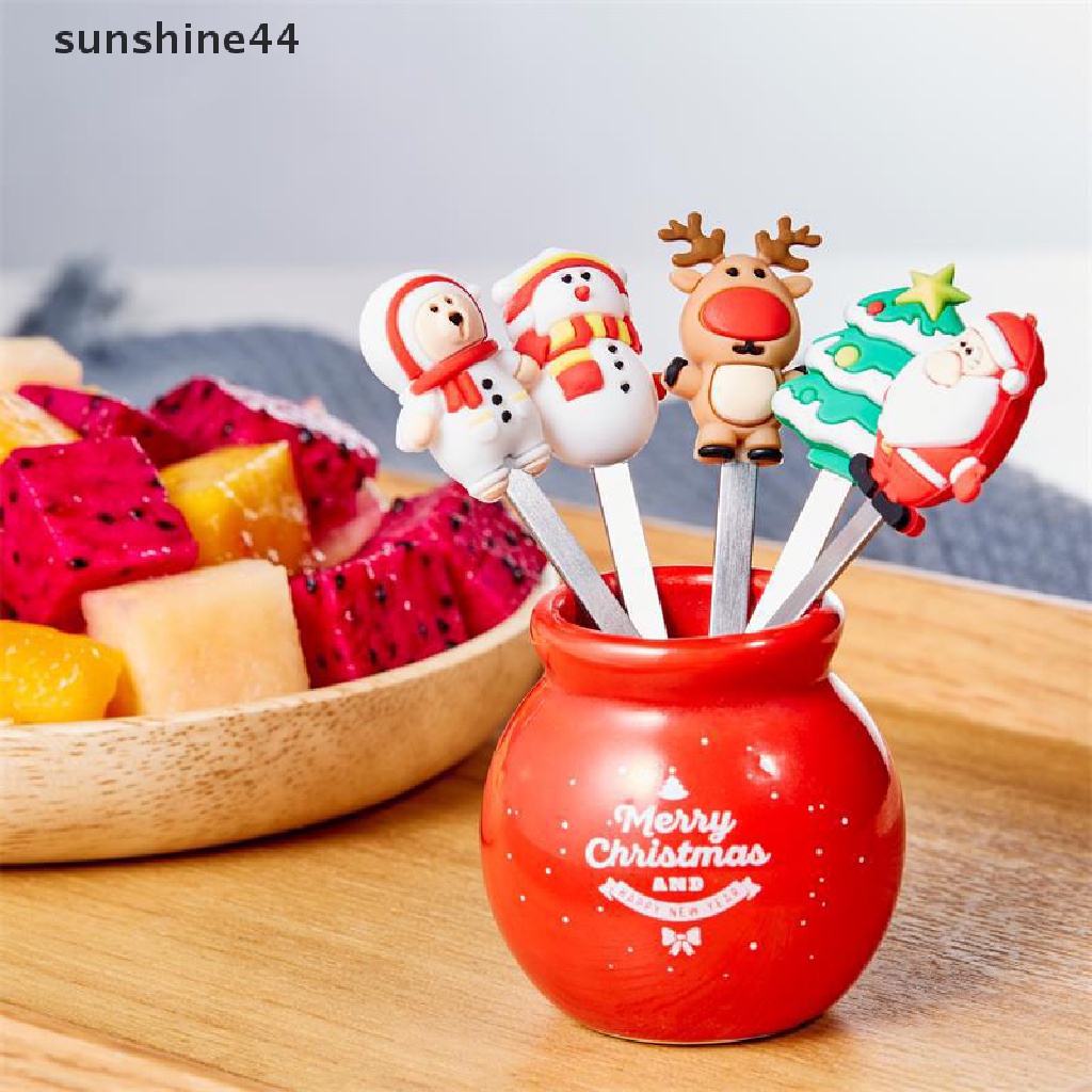 Sunshine 5Pcs / Set Garpu Buah / Sayuran / Salad Bentuk Santa Claus Bahan Stainless Steel