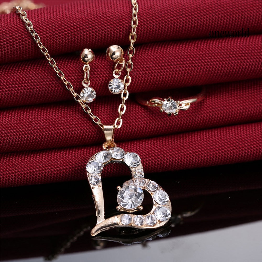 OW@ Luxury Love Heart Pendant Rhinestone Necklace Ring Earrings Women Jewelry Set