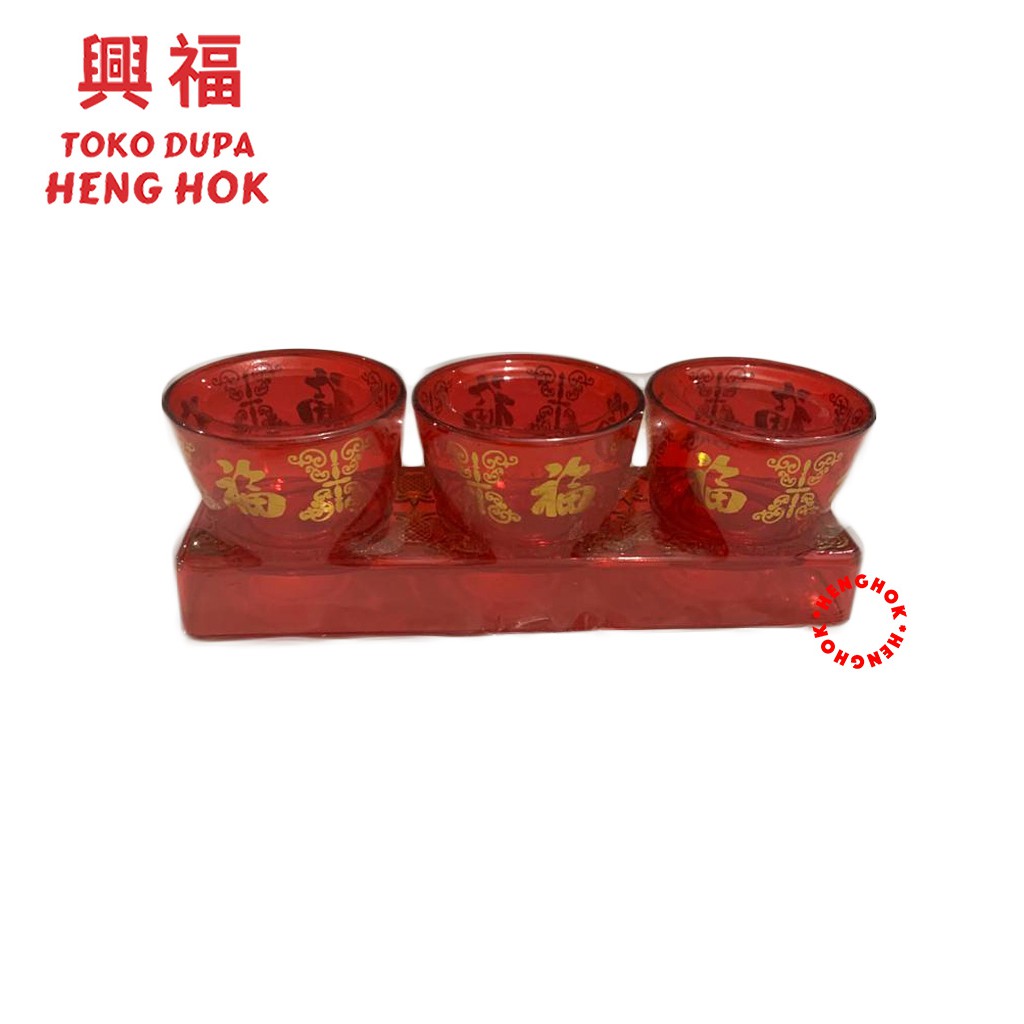 CANGKIR / GELAS PUJA SEMBAHYANG PLASTIK SET 3 PCS MERAH BENING