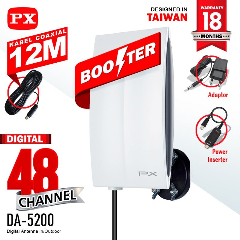 Antena Tv Indoor / Outdoor Digital Analog PX DA-5200 + Kabel 12M - ANTENA TV COCOK UNTUK SET TOP BOX / STB
