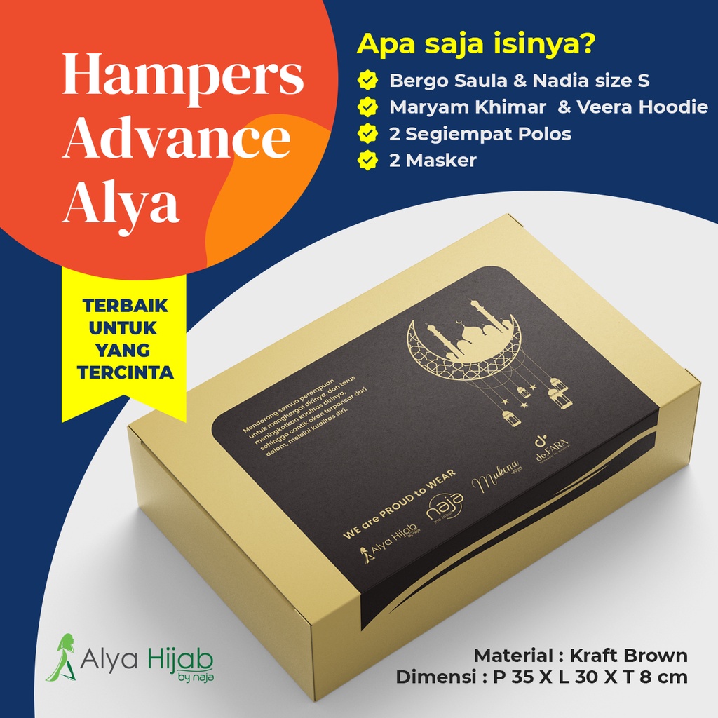 

Hampers "ADVANCE" Alya - Hadiah Terbaik untuk yang Tercinta (2 Bergo, 2 Khimar, 2 Segiempat & 2 Masker) + FREE ucapan dengan tulis tangan