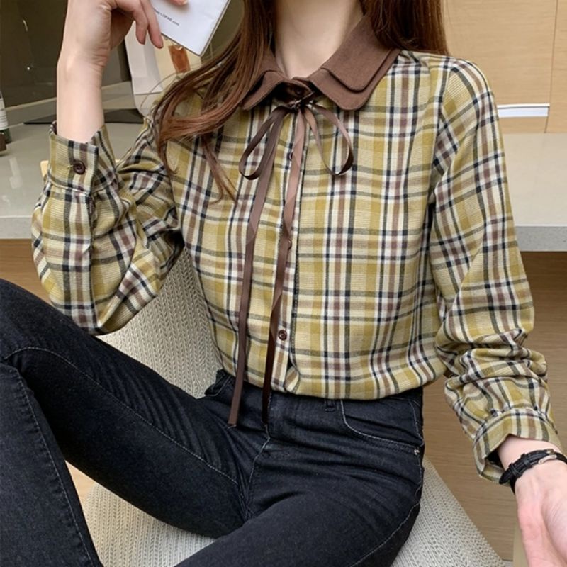 MDLV ~ 8451 Scottish Double Collar Shirt Women Plaid Shirt Premium Kemeja kotak Kemeja Twiscone Kemeja Lengan Panjang Kemeja Import Kemeja Casual Fashion Import