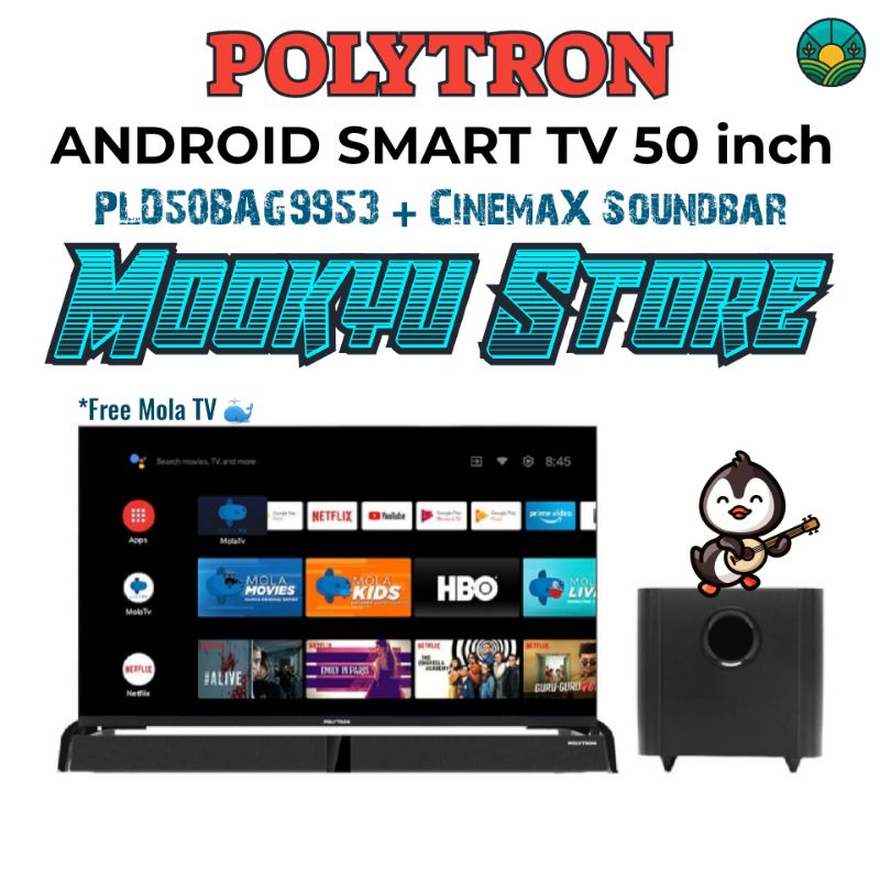 POLYTRON Android Smart TV 50 inch PLD50BAG9953 | PLD 50BAG9953 CinemaX Soundbar & Free Mola TV