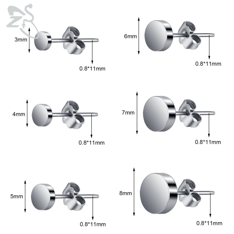 6 Pasang / Lot Anting Stud Bentuk Bulat Bahan Stainless Steel 20g Ukuran 3-8mm Warna Hitam Silver