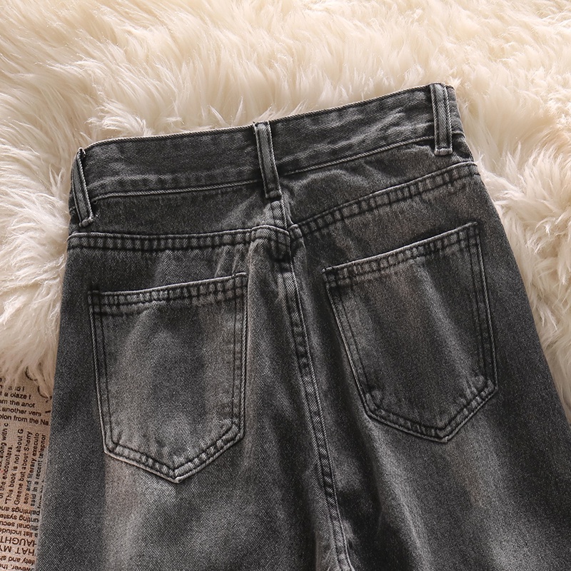 Korean Style Retro Robek Highwaist Celana Jeans Wanita Loose --Jeans Robek Cewek（realpict）