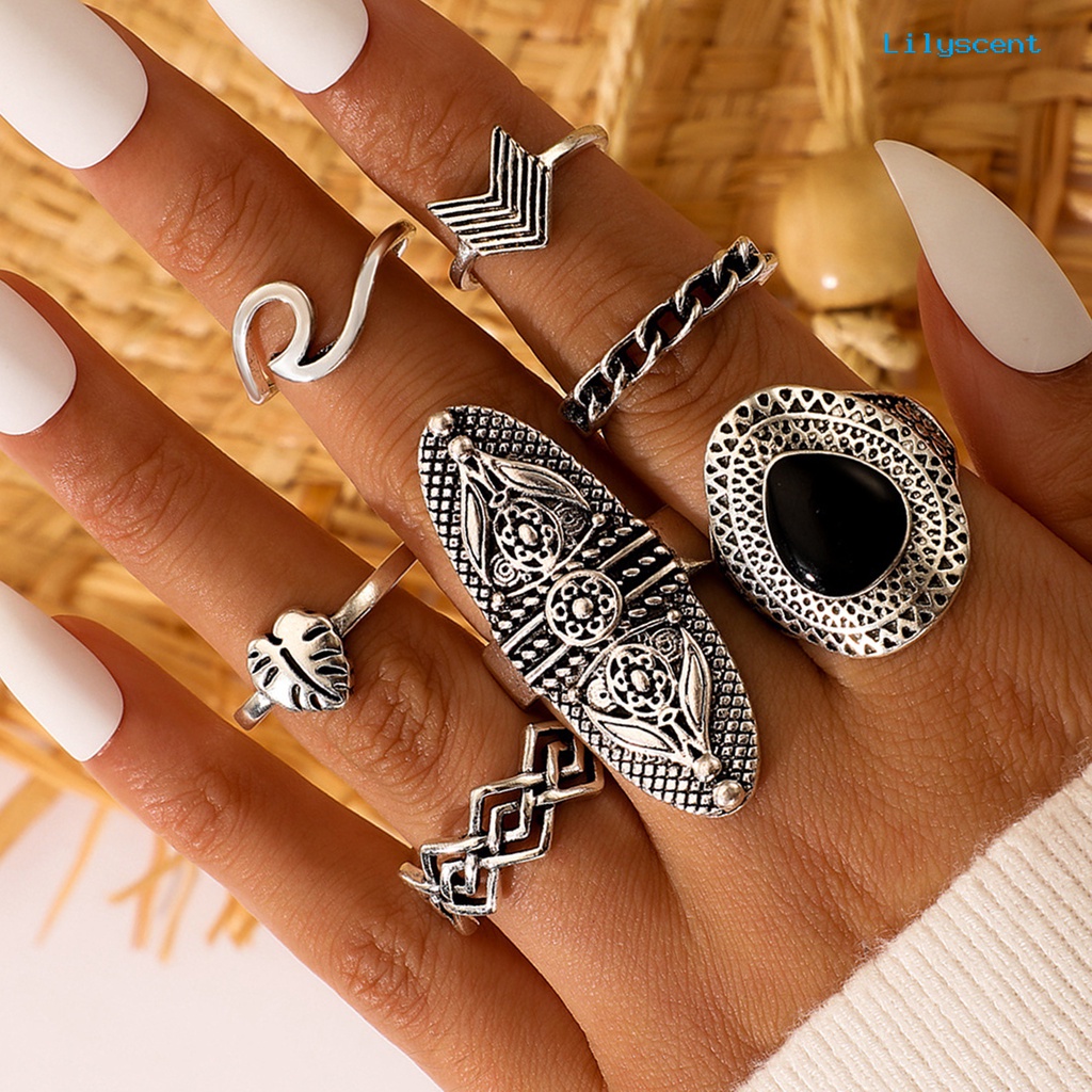 7pcs / Set Cincin Jari Wanita Gaya Bohemian Bentuk Geometri Hias Batu Permata Imitasi Untuk Pesta