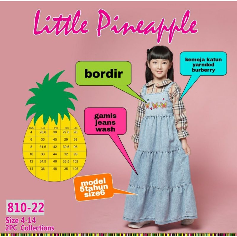 (LP. 810-22) LITTLE PINEAPPLE Overall Jeans + Blouse Bluberry Size : 4-8th